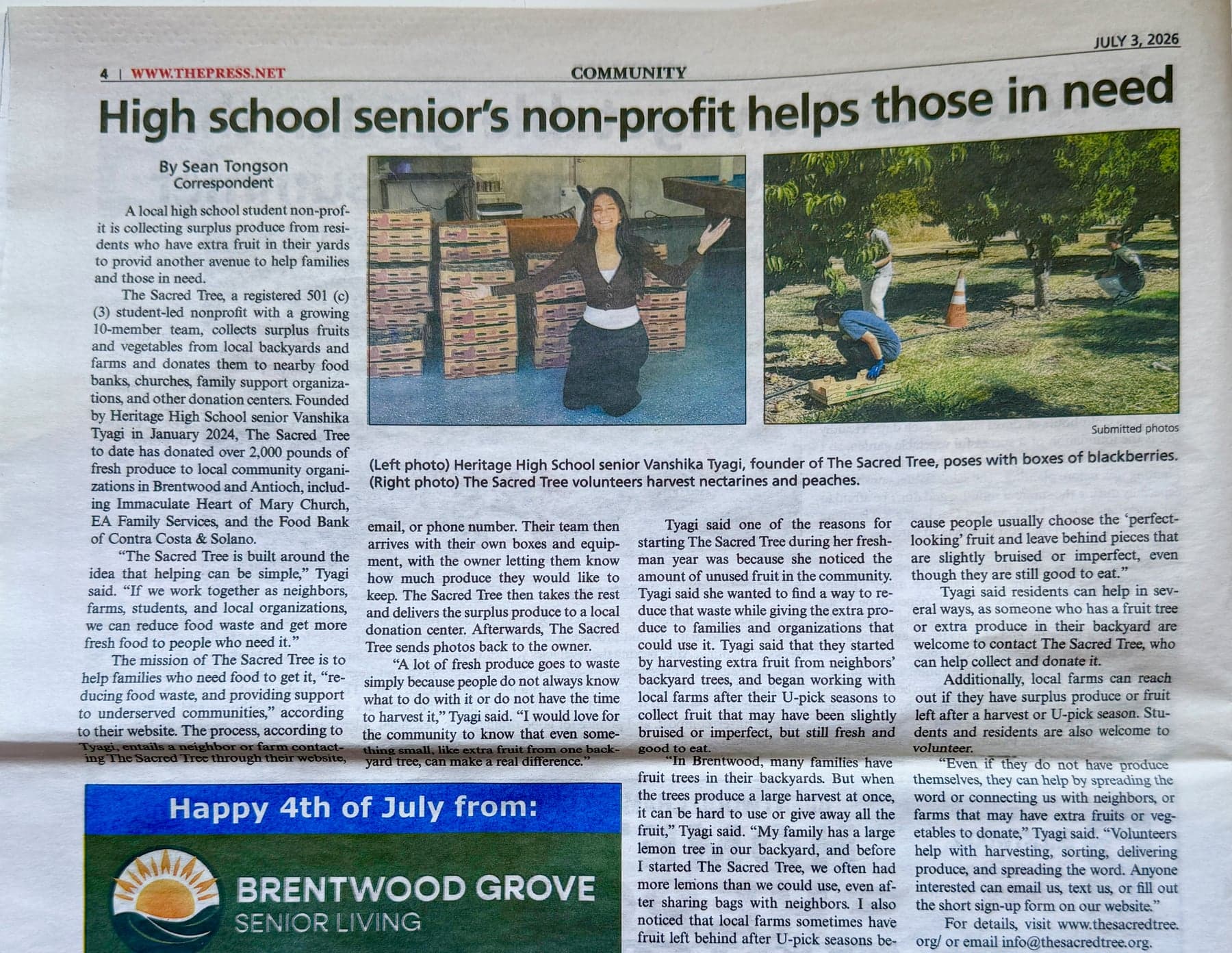 The Press newspaper clipping: 'High school senior's non-profit helps those in need,' featuring The Sacred Tree founder Vanshika Tyagi